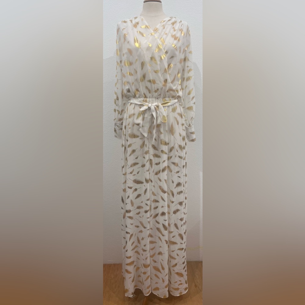 NWT Miss Ord Sheer Long Sleeve Feather Patrn High Slit Women's Maxi Cover Dress. - Picture 12 of 16